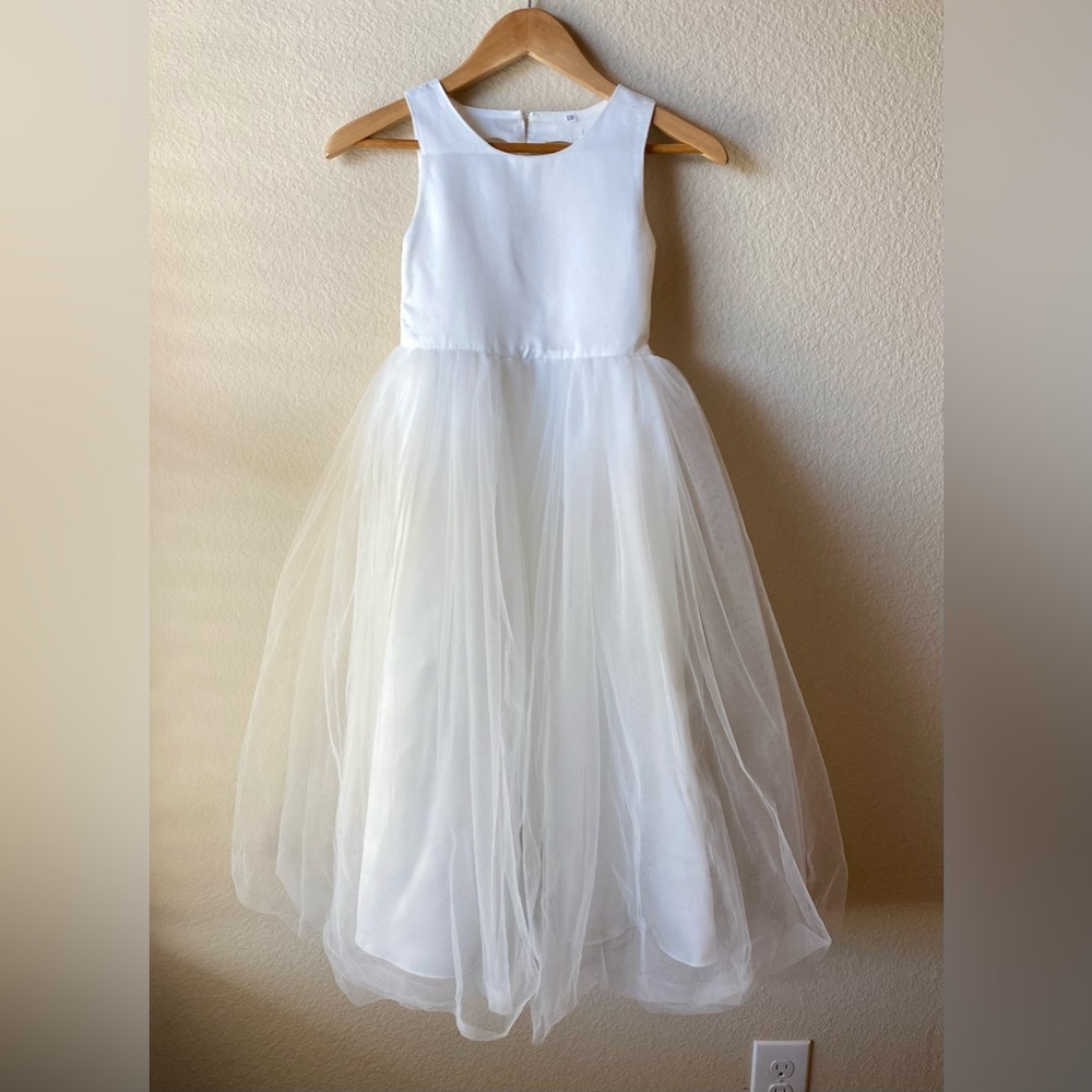Formal Dress Girls 6-7 White Satin Tulle Flower Girl Easter Communion Fancy